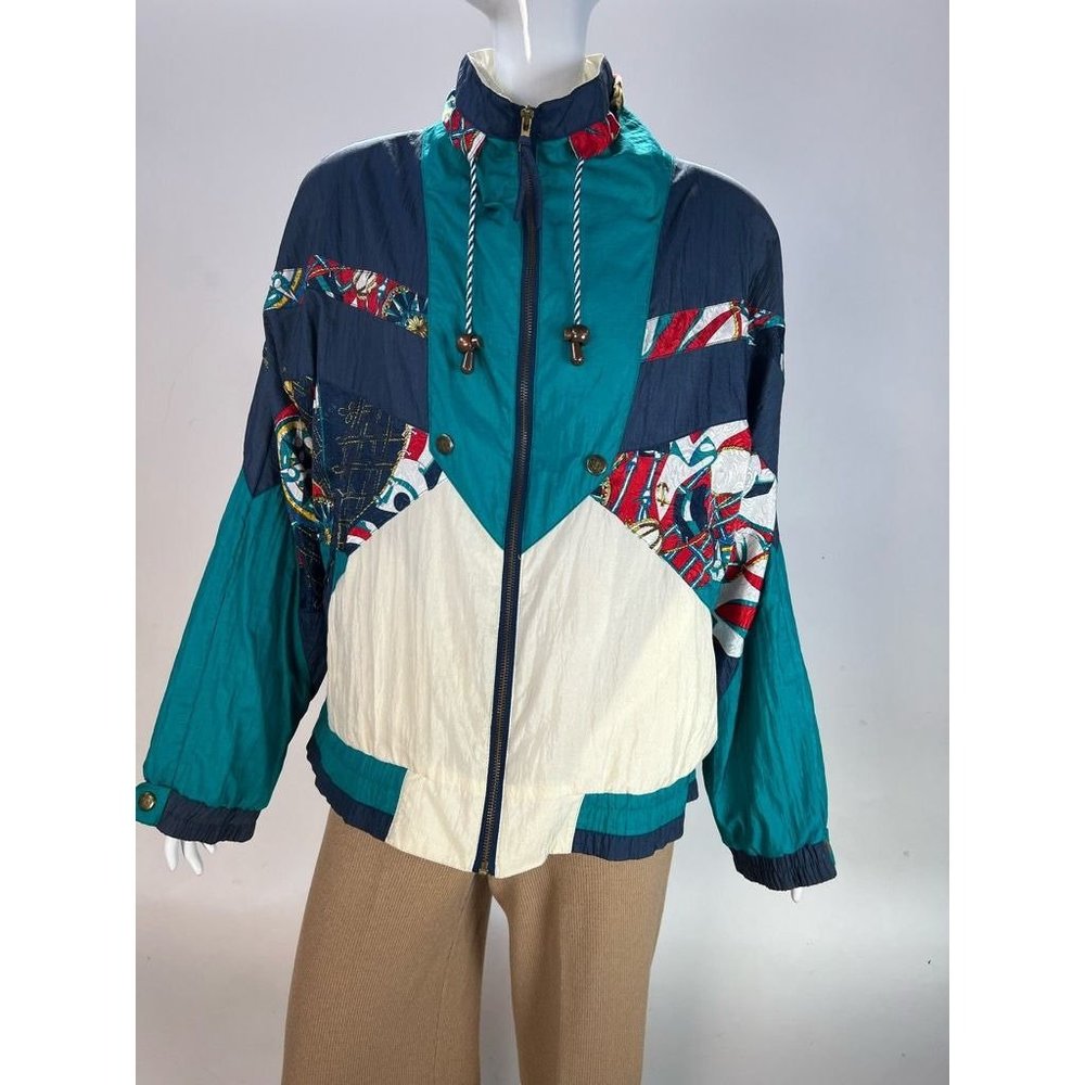 Vintage River Edge Womens Windbreaker Jacket Multicolor Mixed Print Nautical L